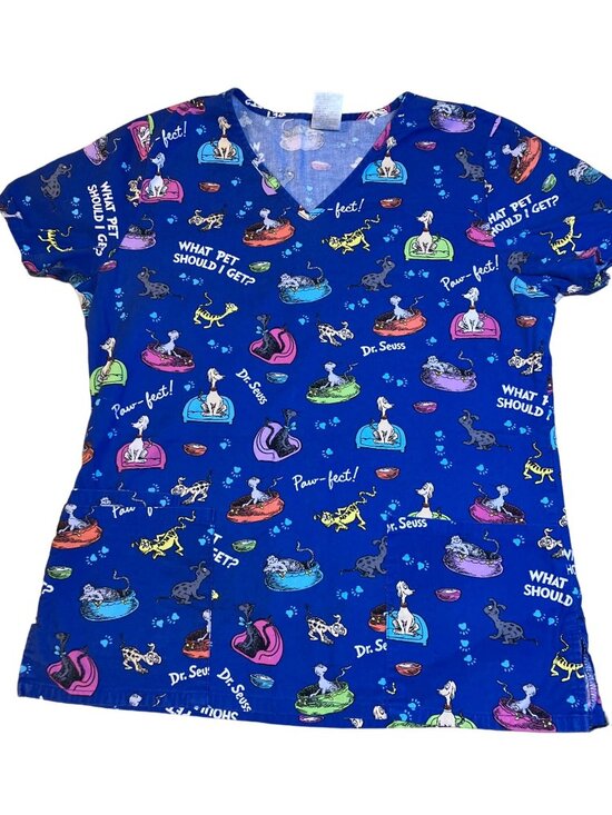 Dr Seuss Tops - Dr. Seuss What Pet Should I Get  SM Scrub Top Royal Blue Paw-fect! 100% Cotton